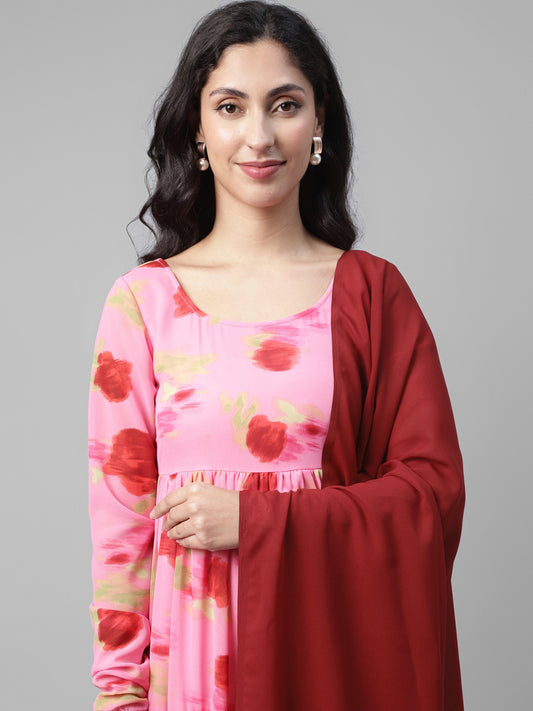 Women's Pink Floral Long Fitted Sleeve Maxi Tiered Kurta With Dupatta