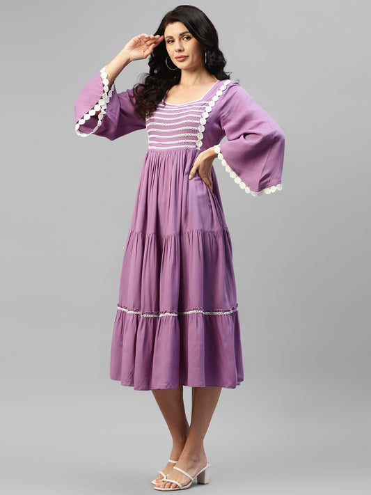 Lavender Tiered Flared Viscose Rayon Women's Dress