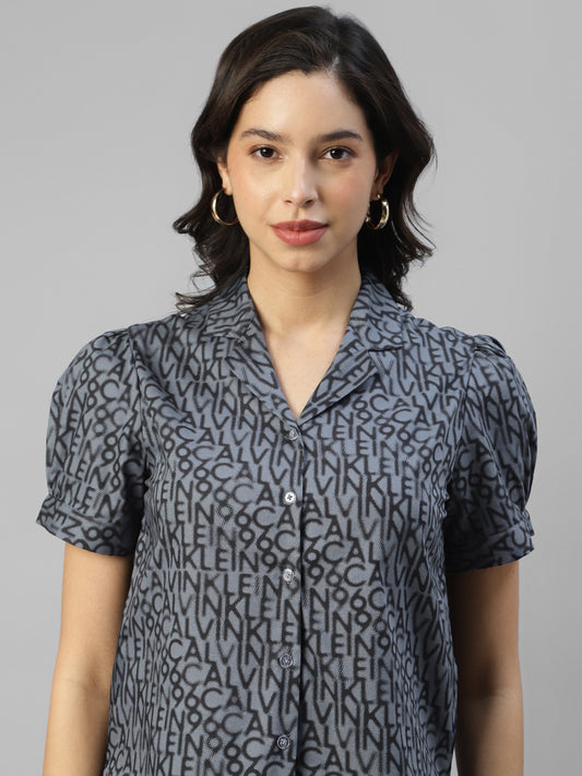 Women's Alphabetic Printed Puff Sleeve Short Shirt