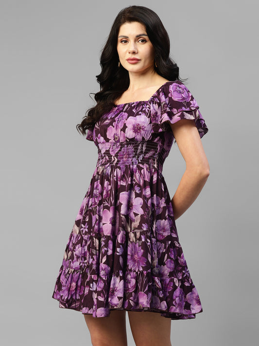 Viscose Muslin Lavender Floral Foil Printed Women's Tiered Short Dress
