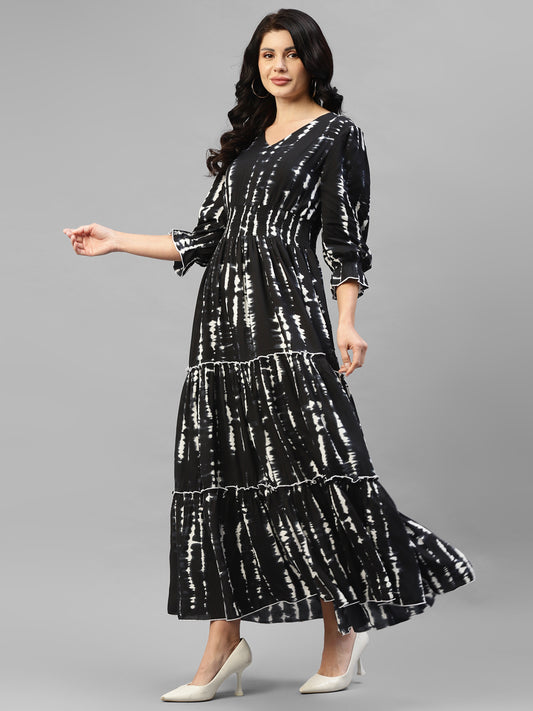 Black Tie Dye Viscose Rayon Women's Tiered Maxi Dress