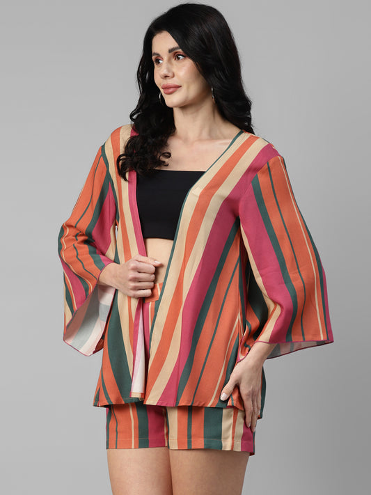 Multicolor Striped Viscose Rayon Women's Co-Ord Set