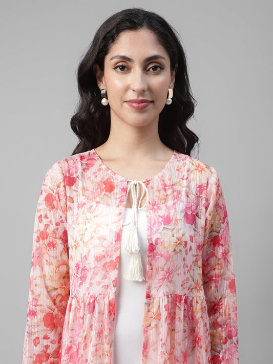 Women's Floral Straight Sleeve Tiered Shrug