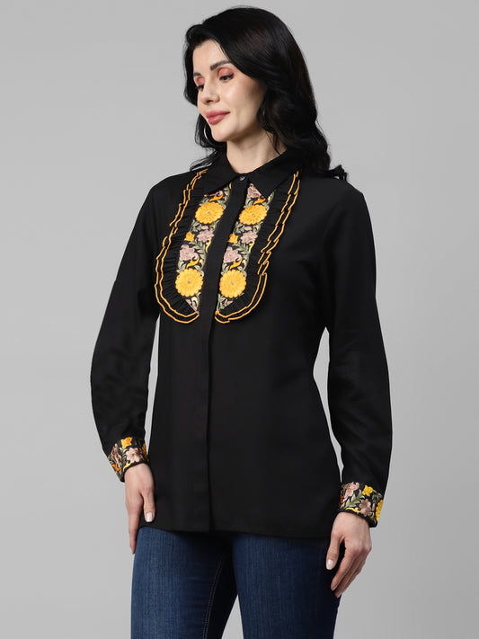 Black Embroidered Viscose Rayon Women's Shirt
