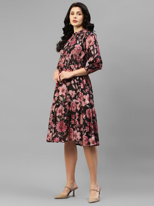 Viscose Muslin Black Floral With Foil Printed Women's Tiered Dress