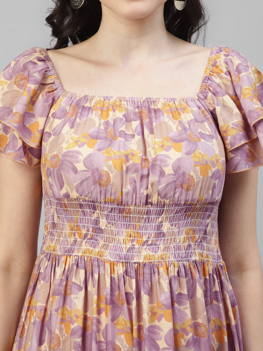 Lavender Floral Tiered Women Short Dress