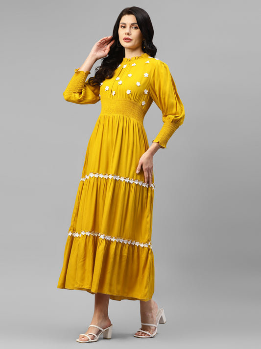 Lemon Yellow With White Embroidered Floral Viscose Rayon Women's Tiered Dress