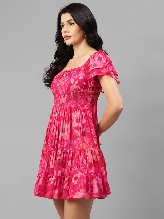 Viscose Muslin Magenta Floral Foil Printed Women's Tiered Short Dress