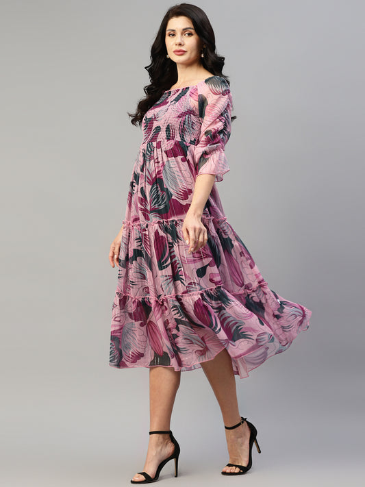 Lavender Multicolor Printed Chiffon With Lurex Smocked Tiered Dress