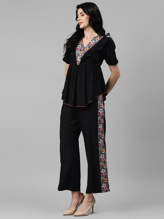 Black Embroidered Viscose Rayon Women's Co-Ord Set