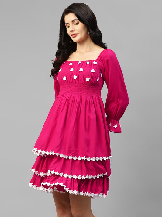 Magenta With White Embroidered Floral Flared Viscose Rayon Women's Dress