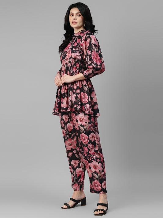 Viscose Muslin Black Floral With Foil Printed Women's Co-Ord Set