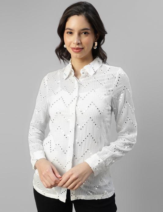 Women's White Georgette Cuff Sleeve Embroidered Midi Shirt