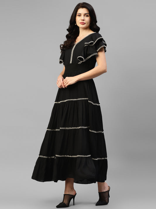 Black Tiered Flared Viscose Rayon Women's Maxi Dress