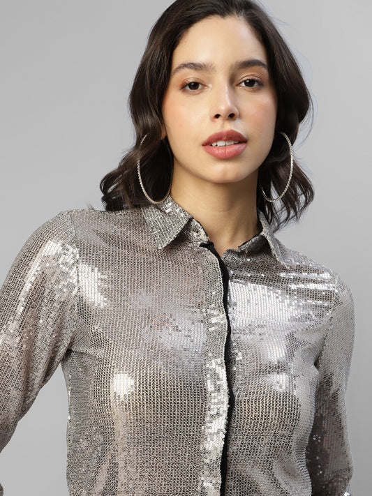 Women's Sequin Cuff Sleeve Midi Shirt