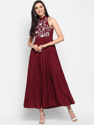 Women's Maroon white Embroidered Floral Maxi Dress
