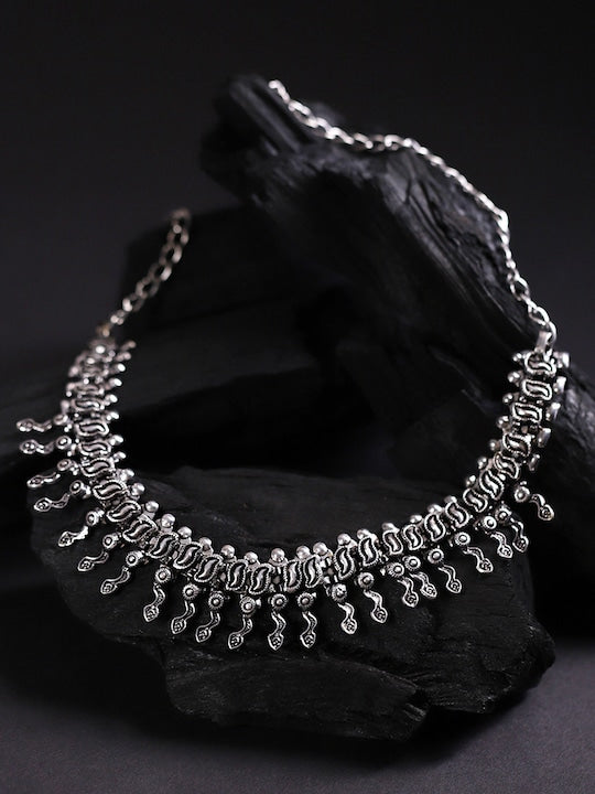 Silver-Plated Oxidised Snake Pattern Necklace