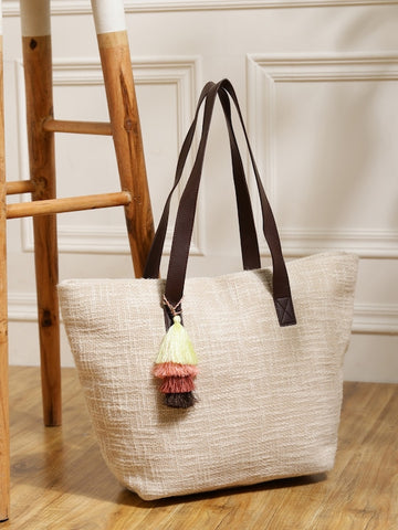 Off-White and Chocolate brown Jacquard Self Design Tote Bag with Tassel Detail