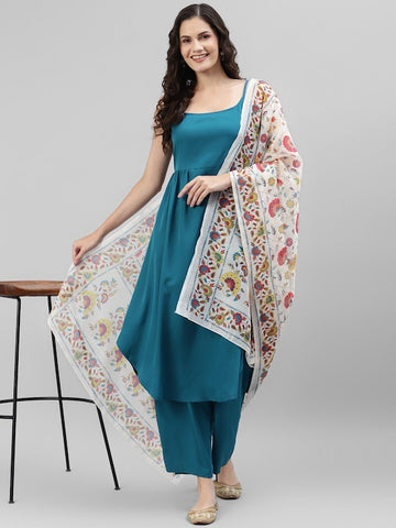 Women's Solid Rayon Shoulder Straps Kurta & Palazzos With Floral Printed Dupatta