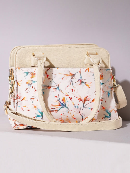Cream Printed Structured Handbag