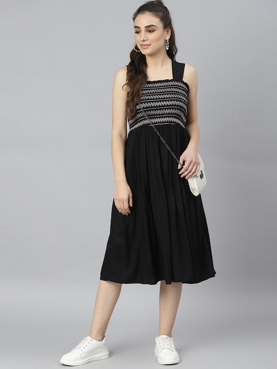 Black Striped Rayon Midi Dress