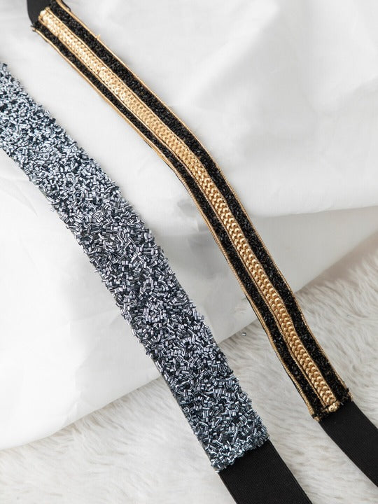 Women's Set Of 2 Black & Golden Embellished PU Belt