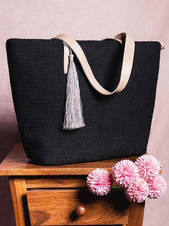 Black Jacquard Self Design Tote Bag with Tassel Detail