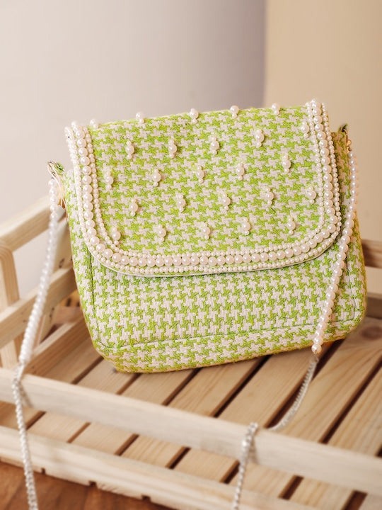 Green and White Jacquard Self Design Embellished Sling Bag