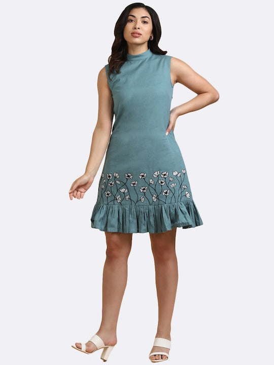 Teal Green Solid Dress With Patch Embroidery