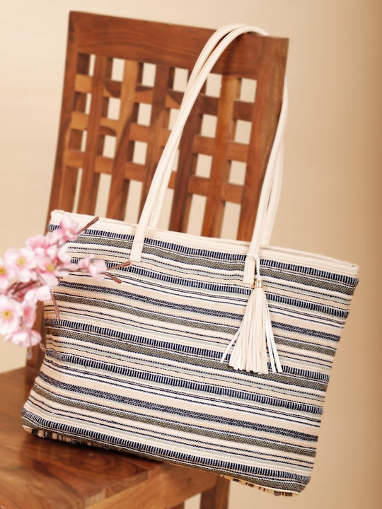 Multicolor Stripes Jacquard Self Design Tote Bag with Tassel Detail