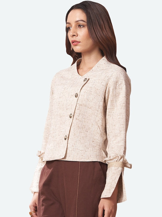 Women's Beige Printed Crop Tailored Overlap Jacket