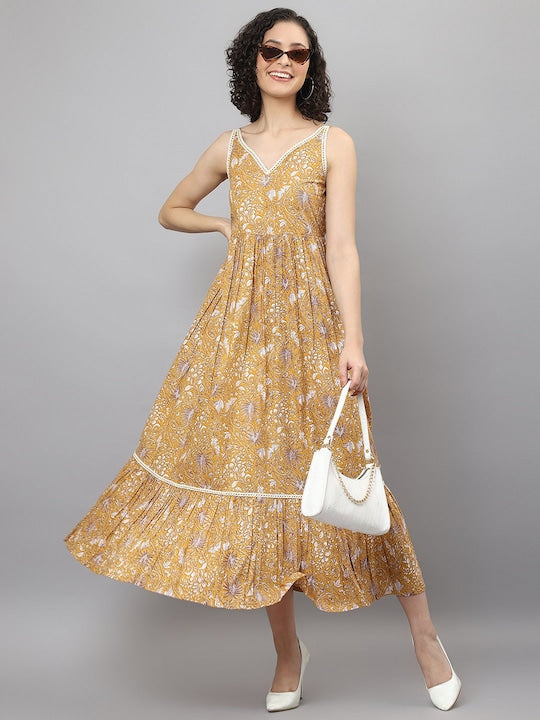 Mustard Yellow White Ethnic Printed Fit Flare Cotton Dress