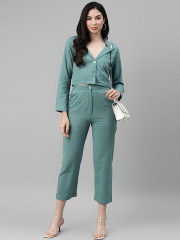 Solid Sea Green Straight Pants With Pockets