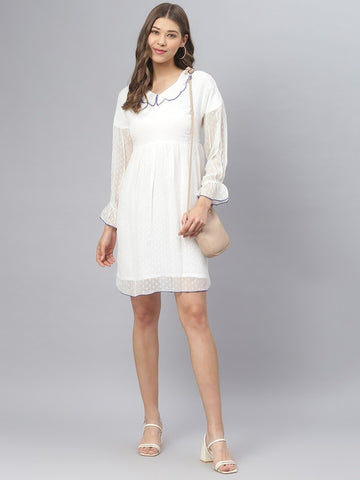 Women's Off White Georgette Peter Pan Collar A-Line Dress