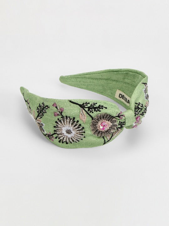 Women's Green Gold-Toned Floral Embellished Hairband