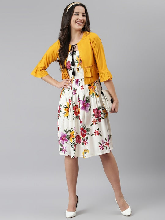 White Yellow Floral Tie-Up Neck Fit & Flared Dress