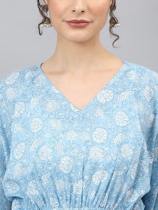 Women's Blue Floral Printed Pure Cotton Kurta With Trousers