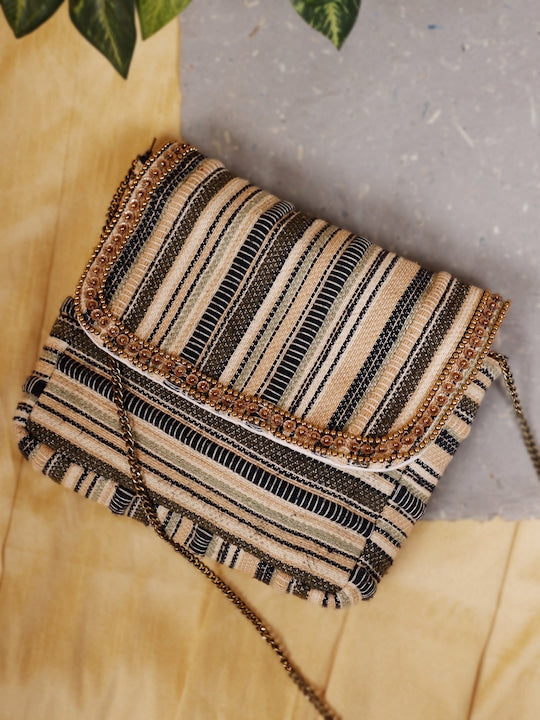 Multicolor Stripes Jacquard Self Design Embellished Sling Bag