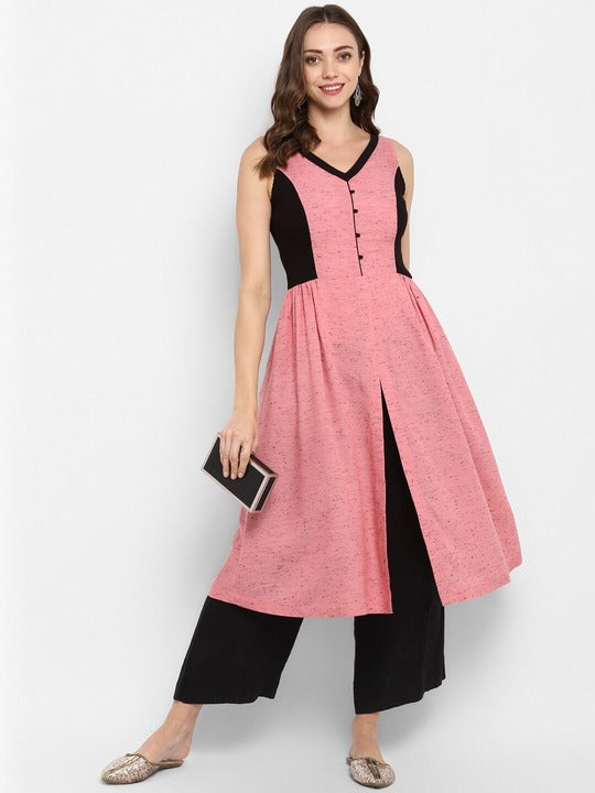 Women's Pink Black Solid V-Neck Pure Cotton Kurta