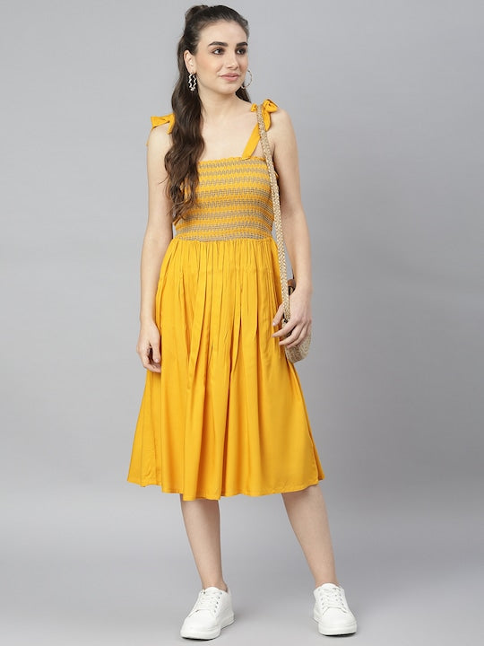 Women's Mustard Smocked Fit & Flared Midi Dress
