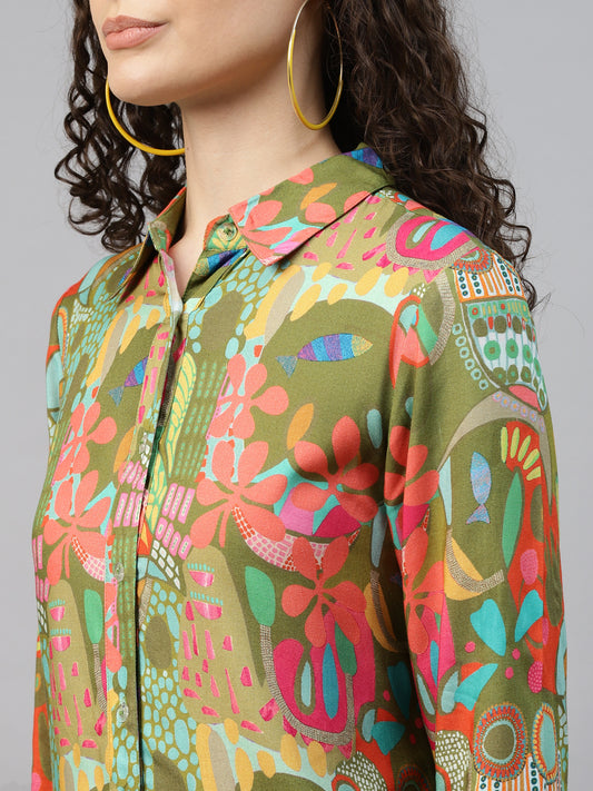 Green Abstract Printed Shirt With Pants Women'S Co-Ord Set