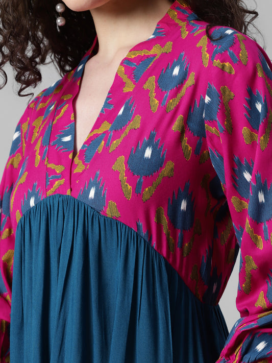 Magenta Printed With Solid Tiered Dress