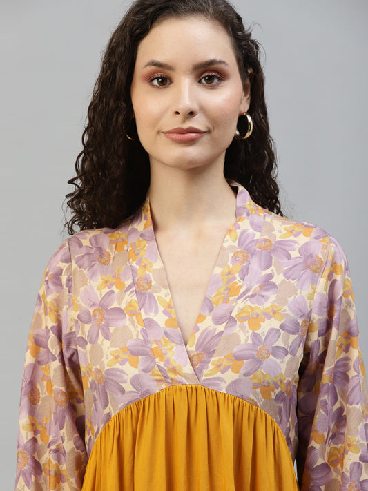 V-Neck Floral Printed With Yellow Tiered Women's Dress