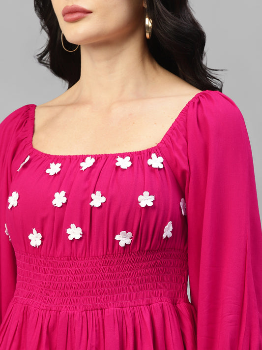 Magenta With White Embroidered Floral Flared Viscose Rayon Women's Dress