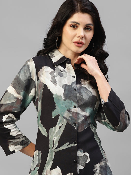 Black Abstract Viscose Rayon Women's Shirt Dress