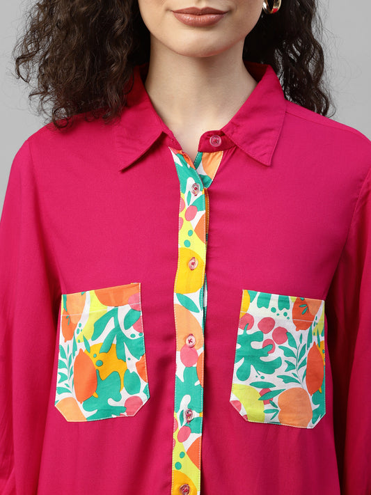 Magenta With Printed Pocket Women'S High-Low Shirt