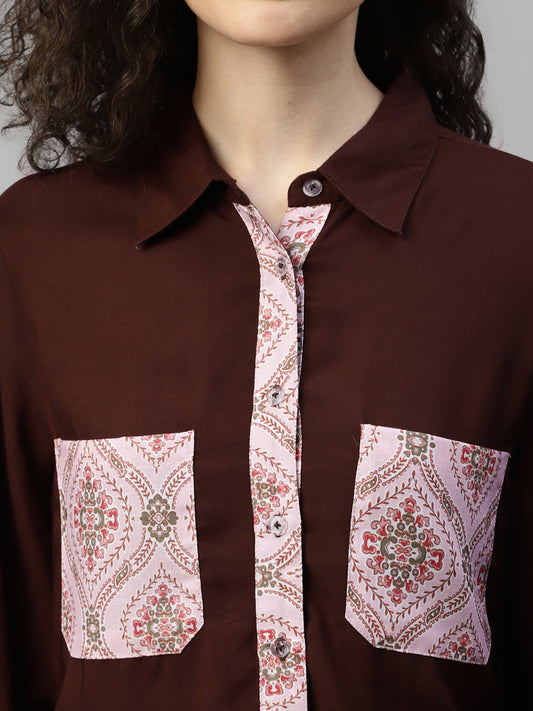 Brown With Printed Pocket Women'S High-Low Shirt