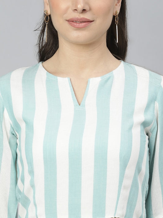 Women's Green Blue Striped Flared Sleeved A-Lined Dress With Lace