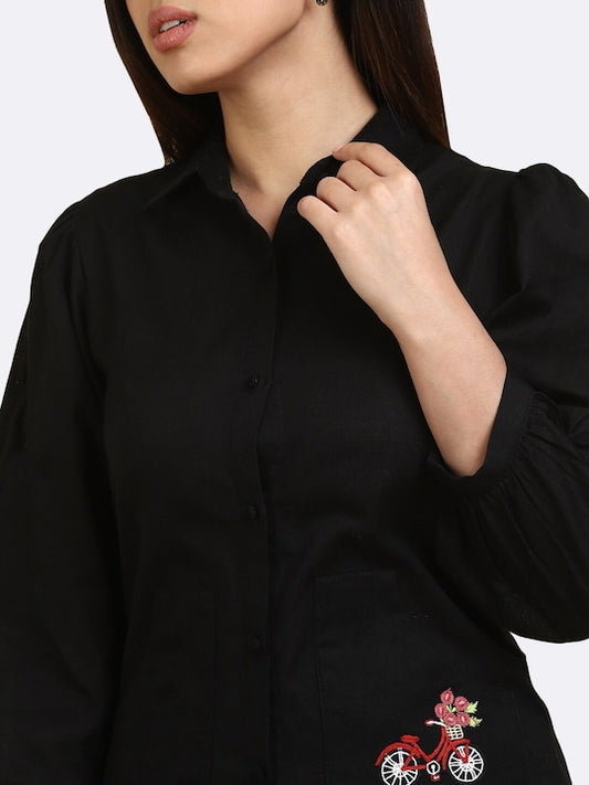 Black Shirt Dress with Embroidery