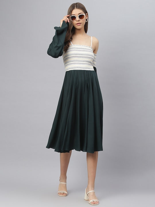 Women's Green White Striped Off-Shoulder Fit And Flared Midi Dress